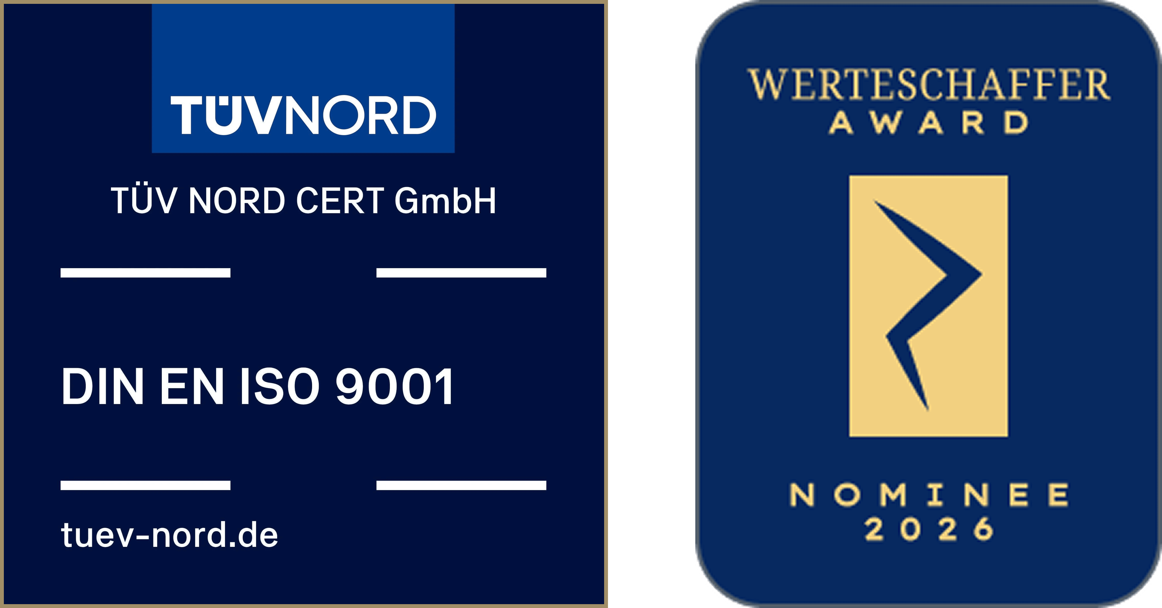 TÜV NORD CERT DIN EN ISO 9001 und Werteschaffer Award Nominee 2026